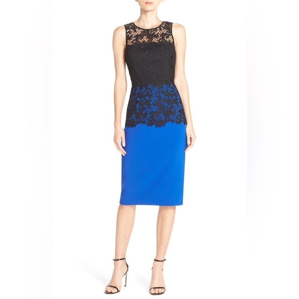 New!Sachin & Babi Noir Carolina Lace Overlay Sheath Black & Blue Midi Dress💙4,10 - Picture 2 of 13